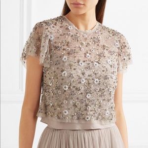 STUNNING Anthropologie Lilac and Silver intricately beaded Needle and Thread top
